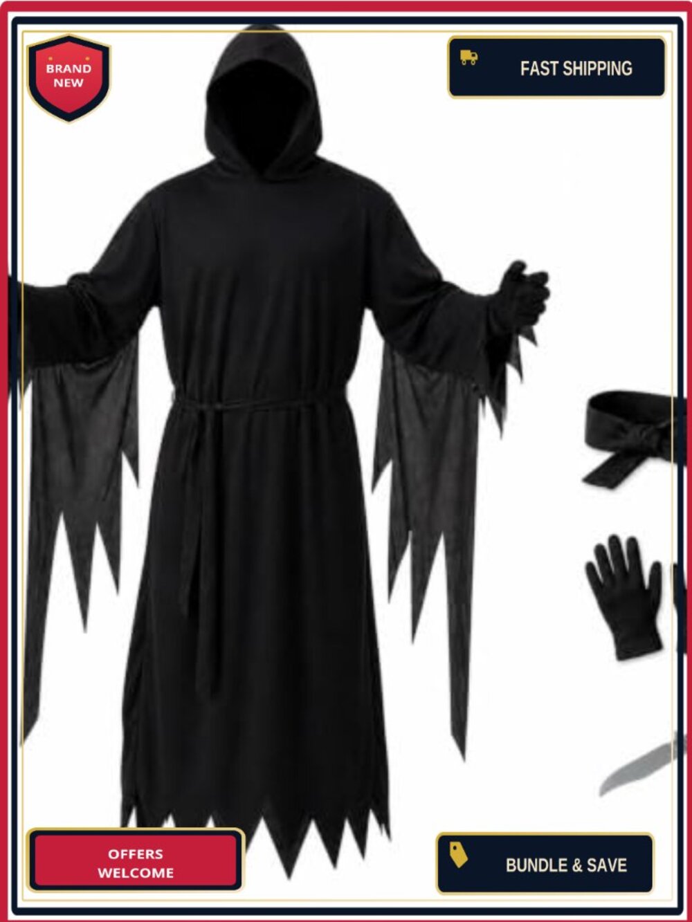 Halloween Ghost Costume Set 5-Piece Hooded Robe Mask Toy Dagger Adult Kid